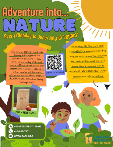 Adventure into Nature flier with kids playing in Nature and several sticky notes with Summer Reading Information