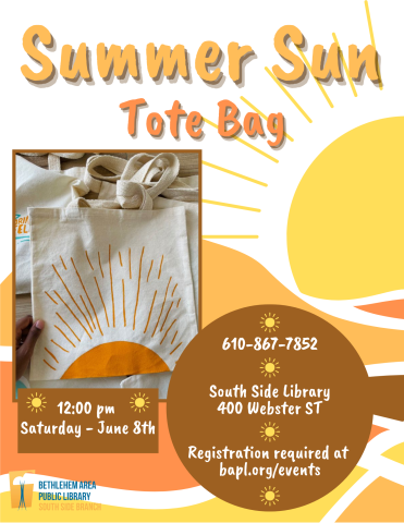Program poster with orange, yellow and brown colors. Image has photo of painted tote bag with sun and event details.