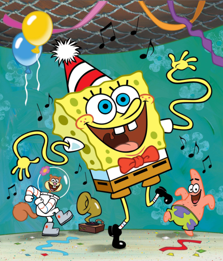 SpongeBob dancing with his friends, Sandy & Patrick dancing in the background. 