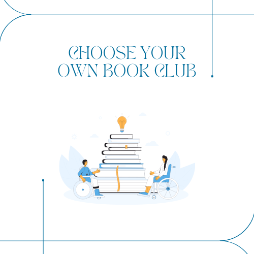 Choose Your Own Book Club text is displayed, along with a graphic of two individuals among a pile of books