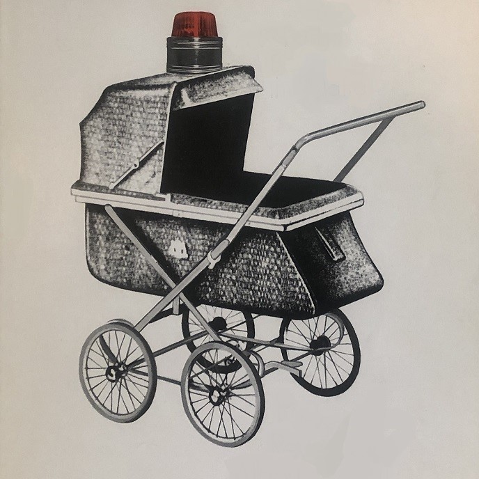 A line drawing of a vintage baby carriage with a police-type with a police beacon light on top.