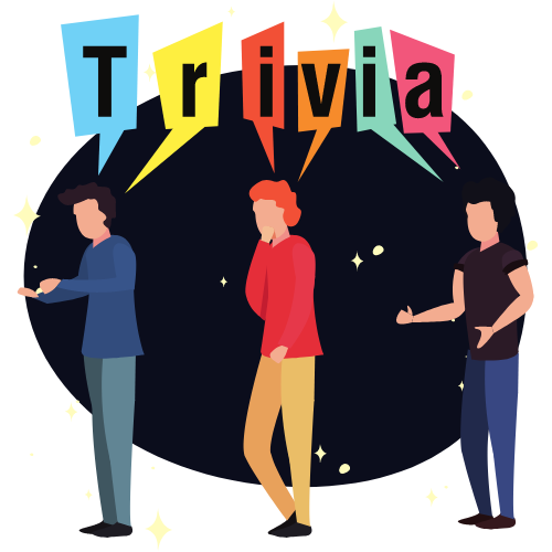 3 individuals standing beneath the word "trivia." There is a circular black background