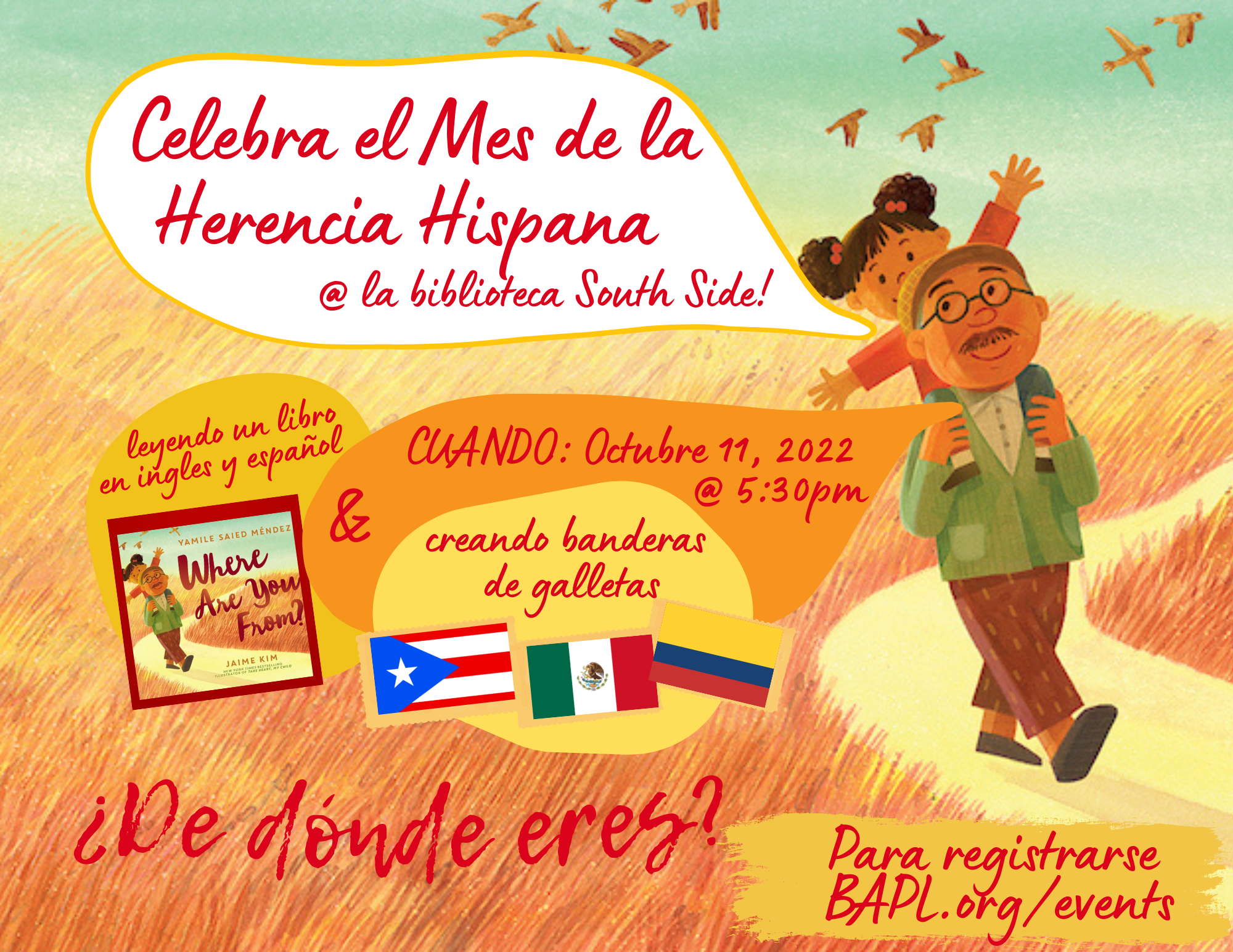 Celebrate Hispanic Heritage Month at South Side Library on October 11th at 5:30 Bilingual Storytime and Food Crafts