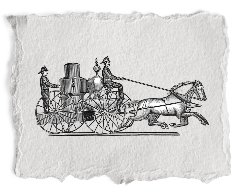 Line drawing of an antique horse-drawn fire engine with two fire fighters riding on it.