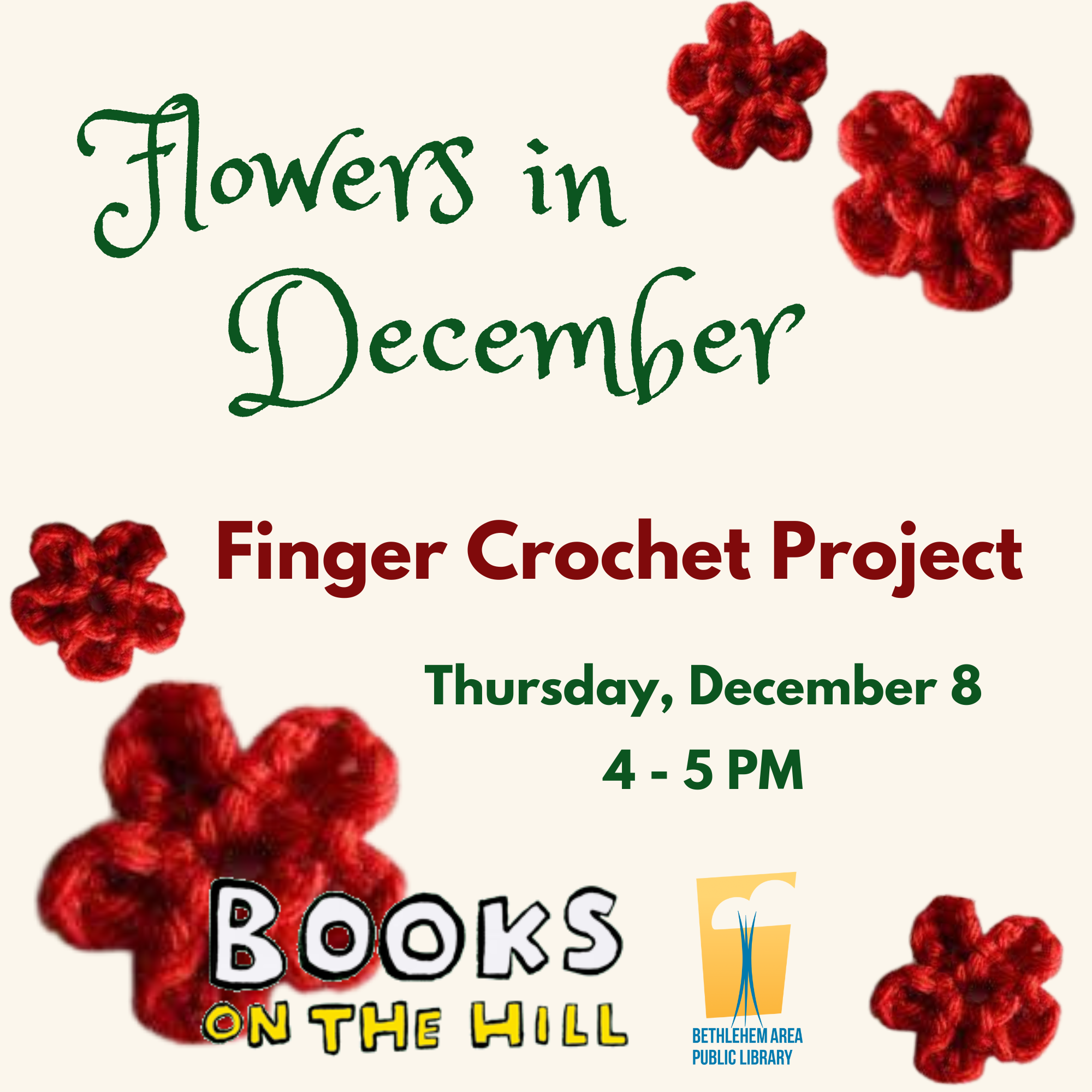 Flowers in December - Finger Crochet Project at Books on the Hill