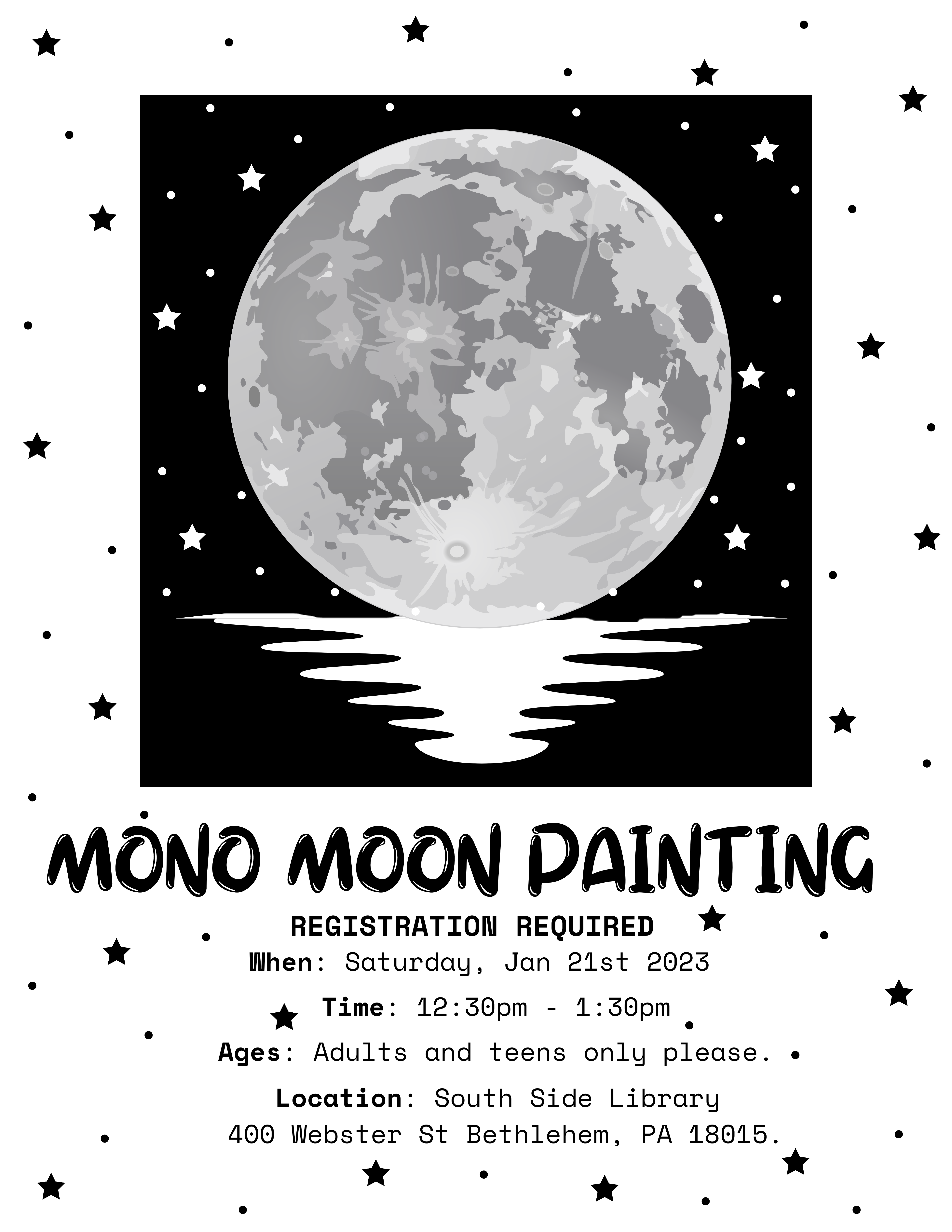 Mono Moon Painting Class on January 21st 2023 at 12:30pm. This event is for adults and teens. Registration required.