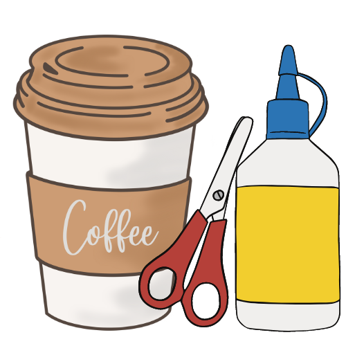 A disposable coffee cup with a pair of scissors and a glue bottle