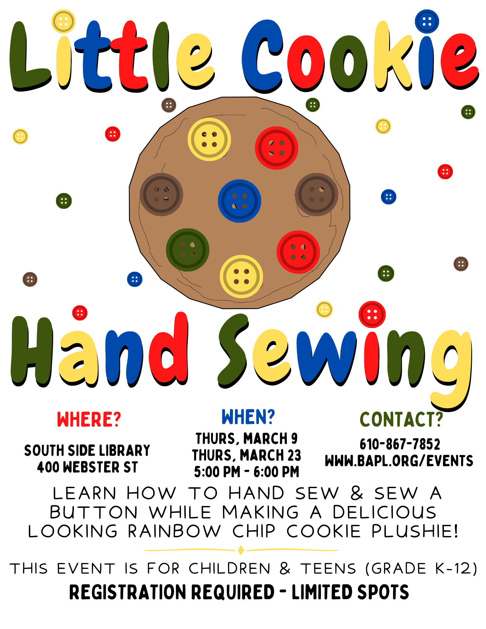 Little Cookie Hand Sewing Thursday, March 9 and Thursday March 23 5:00 PM - 6:00 PM