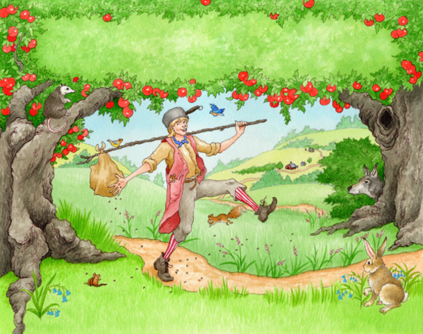 Johnny Appleseed exploring a forest with apple trees and woodland creatures