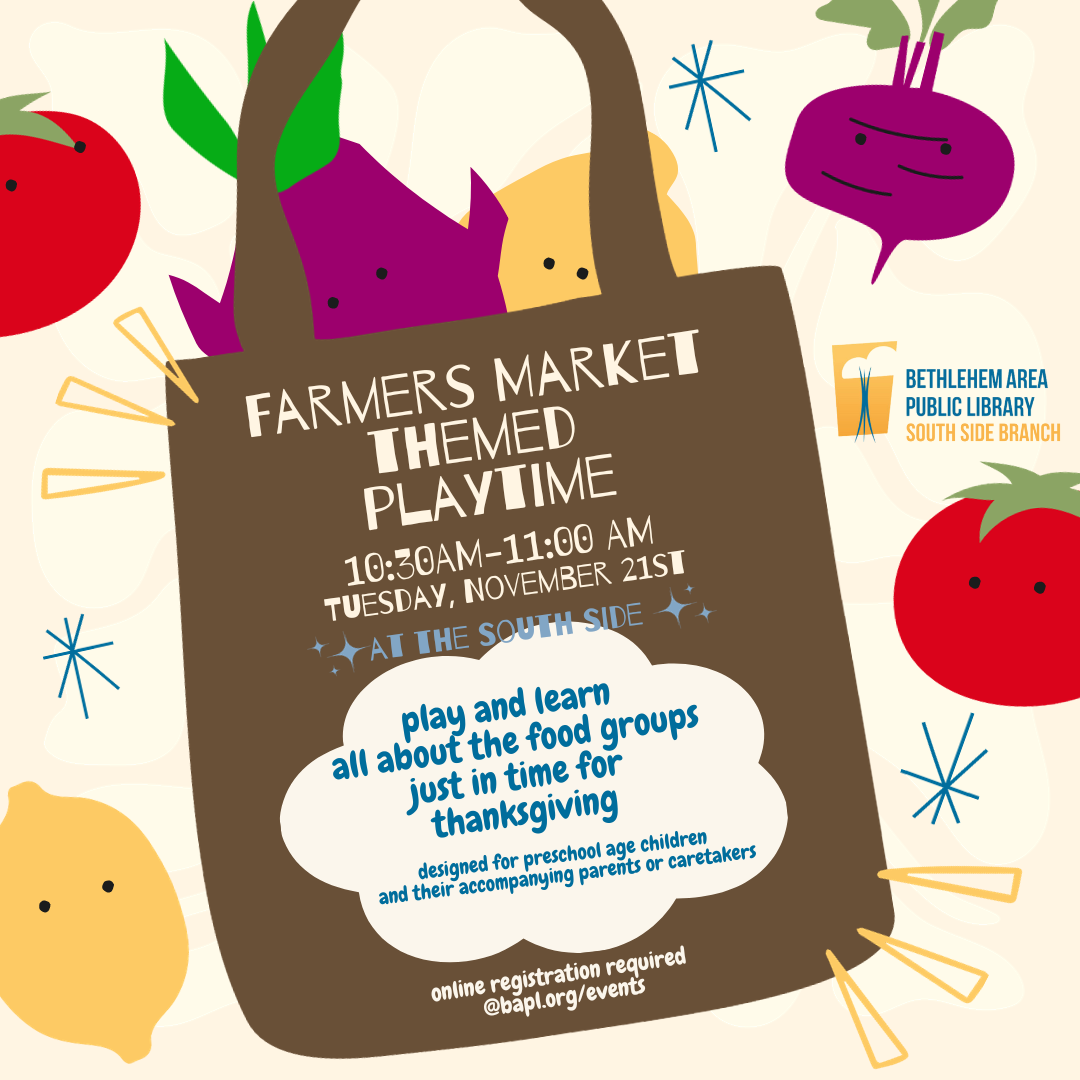 farmers market flyer depicting the details of the event and some cute vegetables