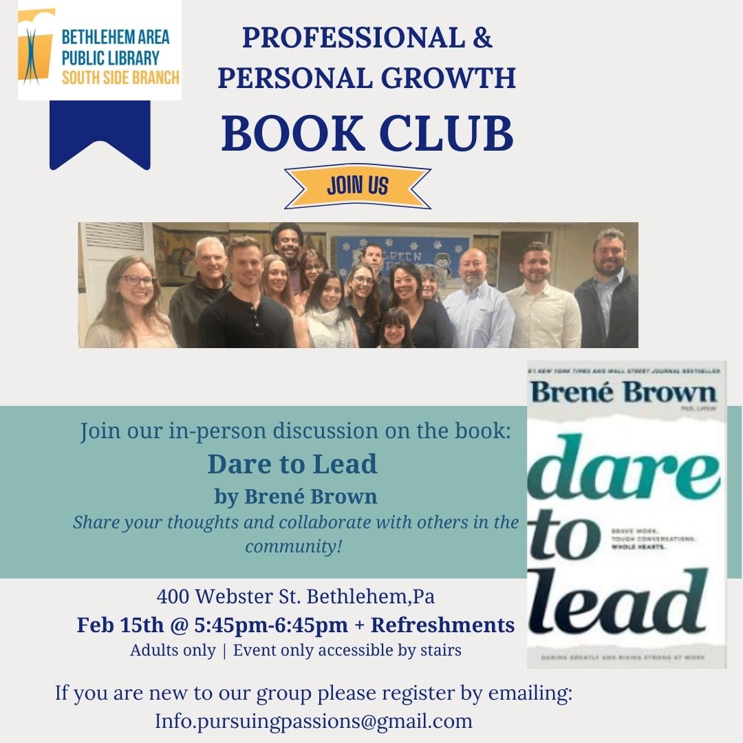 A group picture of book club members along with an image of the next book pick "Dare to Lead"