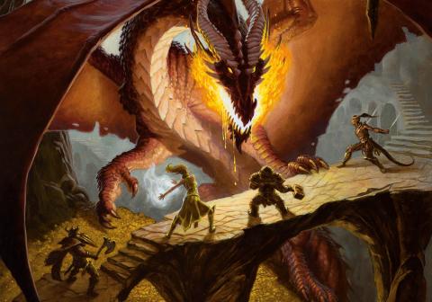 A dragon about to breathe fire on several adventurers. 