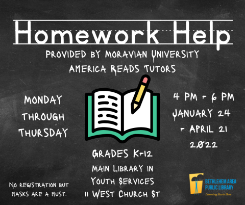 A sign advertising Homework Help, stating it's provided by Moravian University Tutors. Occurs every Monday-Thursday from 4-6 PM at the Main Library.