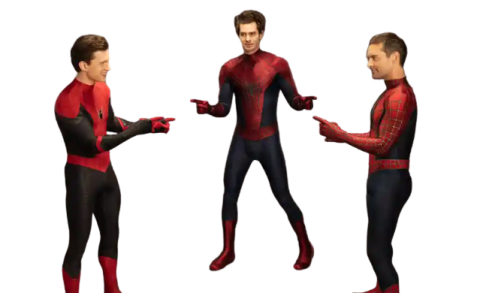 Three Spider-Men actors pointing at each other, recreating an iconic meme.