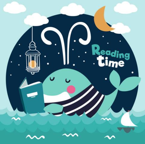 "Reading Time" heading with a whale reading a book.