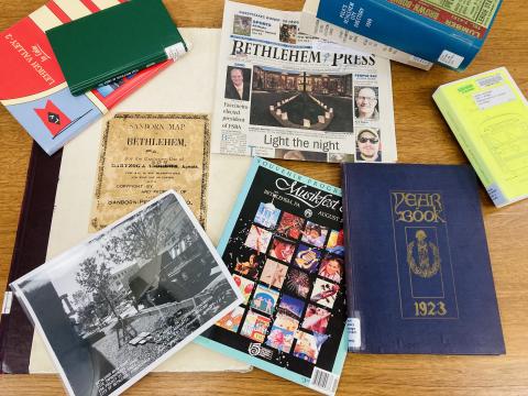 pile of books, newspapers, maps etc on local Bethlehem history