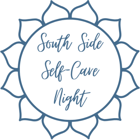 A blue sun with "South Side Self-Care Night" written in the center