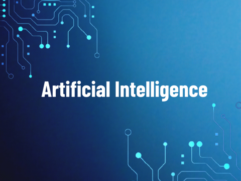 Blue background with circuitry image and the words "Artificial Intelligence"