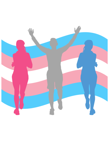 Silhouettes of three people running in front of a transgender pride flag