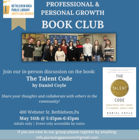 Blue background with a photo of the members of the book club with a photo of the book The Talent Code by Daniel Coyle