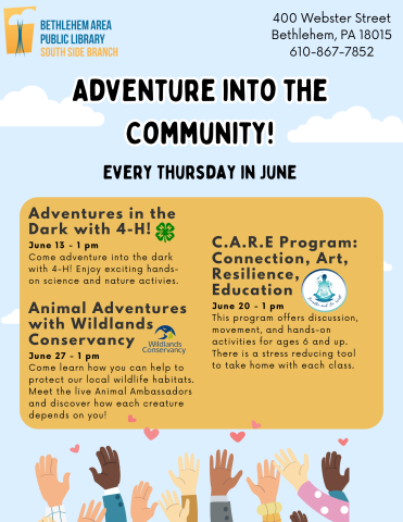 flyer describing Thursday "Adventure into the Community!" events, blue background with white clouds, and lower