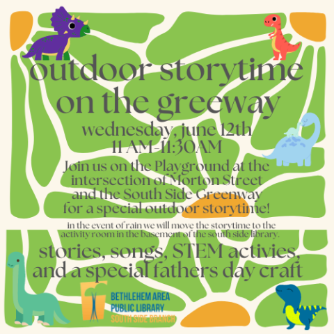 orange and green storytime flyer with dinosaurs 