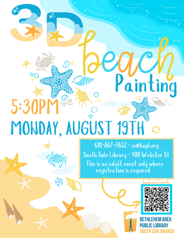 Poster for 3d beach painting with blue and sand colors and seashells. 