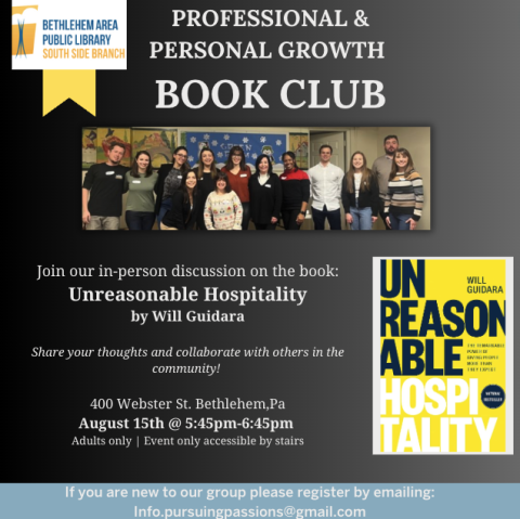 book club flyer, picture of group members, picture of book "Unreasonable Hospitality", black background