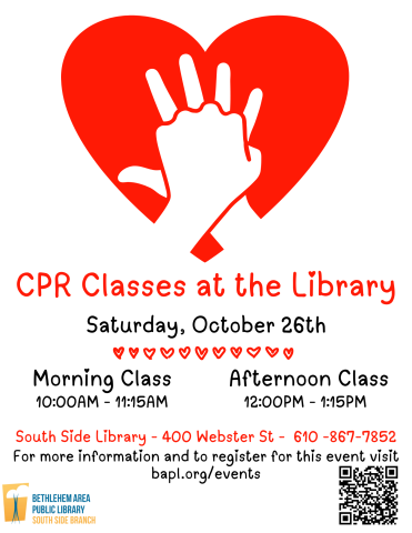 CPR CLASS AT SOUTH SIDE POSTER WITH RED HEART WITH CPR HANDS IN CENTER