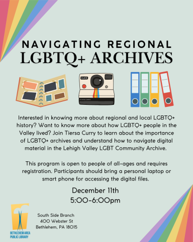 This flyer includes a description of the event, as well as small icons of a scrapbook, a camera, and folders. The flyer has rainbows in the corners. 