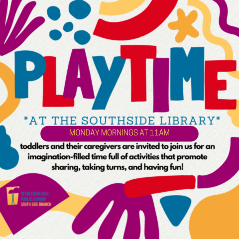 The flyer has the words 'PLAYTIME' in large letters surrounded by colorful shapes and the details of the event 