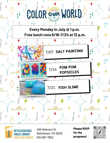 Flyer for all Monday craft events at 1 p.m. in July.