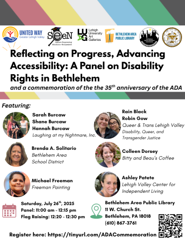  The flyer shows six pictures of the featured speakers and supporting organizations. The background features the colors of the disability pride flag and includes a QR code and contact information to register for the event.