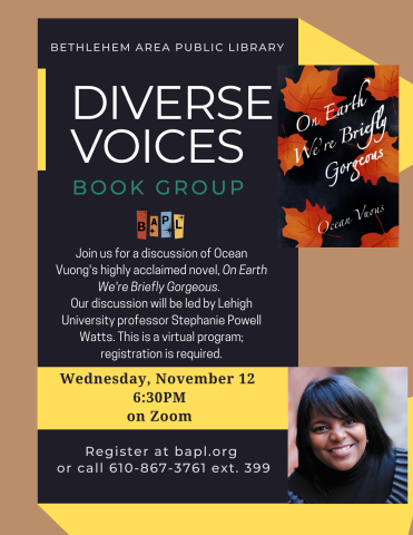 Information on the book group with images of leaves and the discussion leader