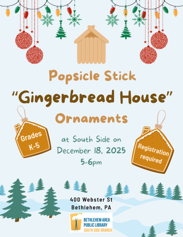 Popsicle Stick Gingerbread House Ornaments at South Side on December 18, from 5-6pm