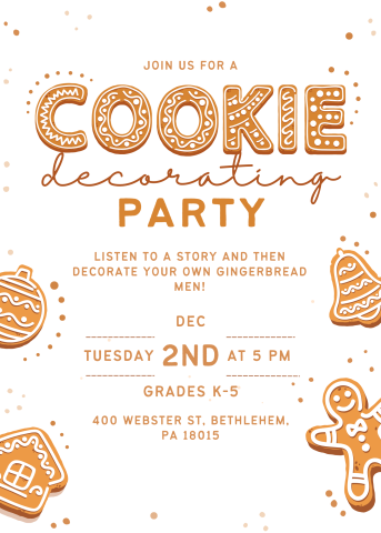 Listen to a story and then decorate your own gingerbread men! Tuesday December 2nd at 5PM. 