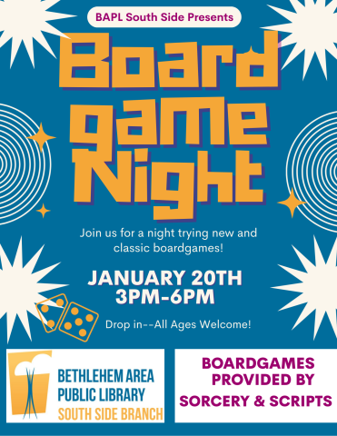 BAPL South Side Presents: Board Game Night! Join us for a night trying new and classic boardgames! January 20th from 3PM to 6PM
