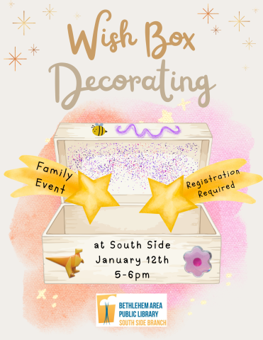 A graphic of a decorated wooden box and shooting stars