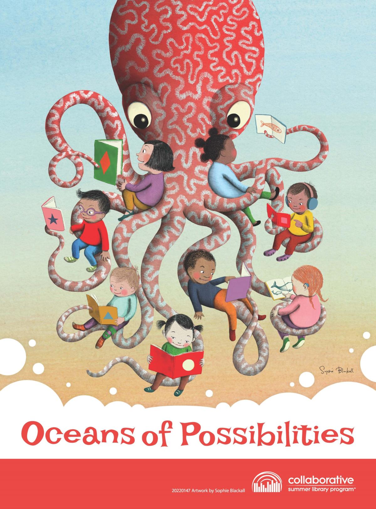 An octopus holding a bunch of children who are reading.