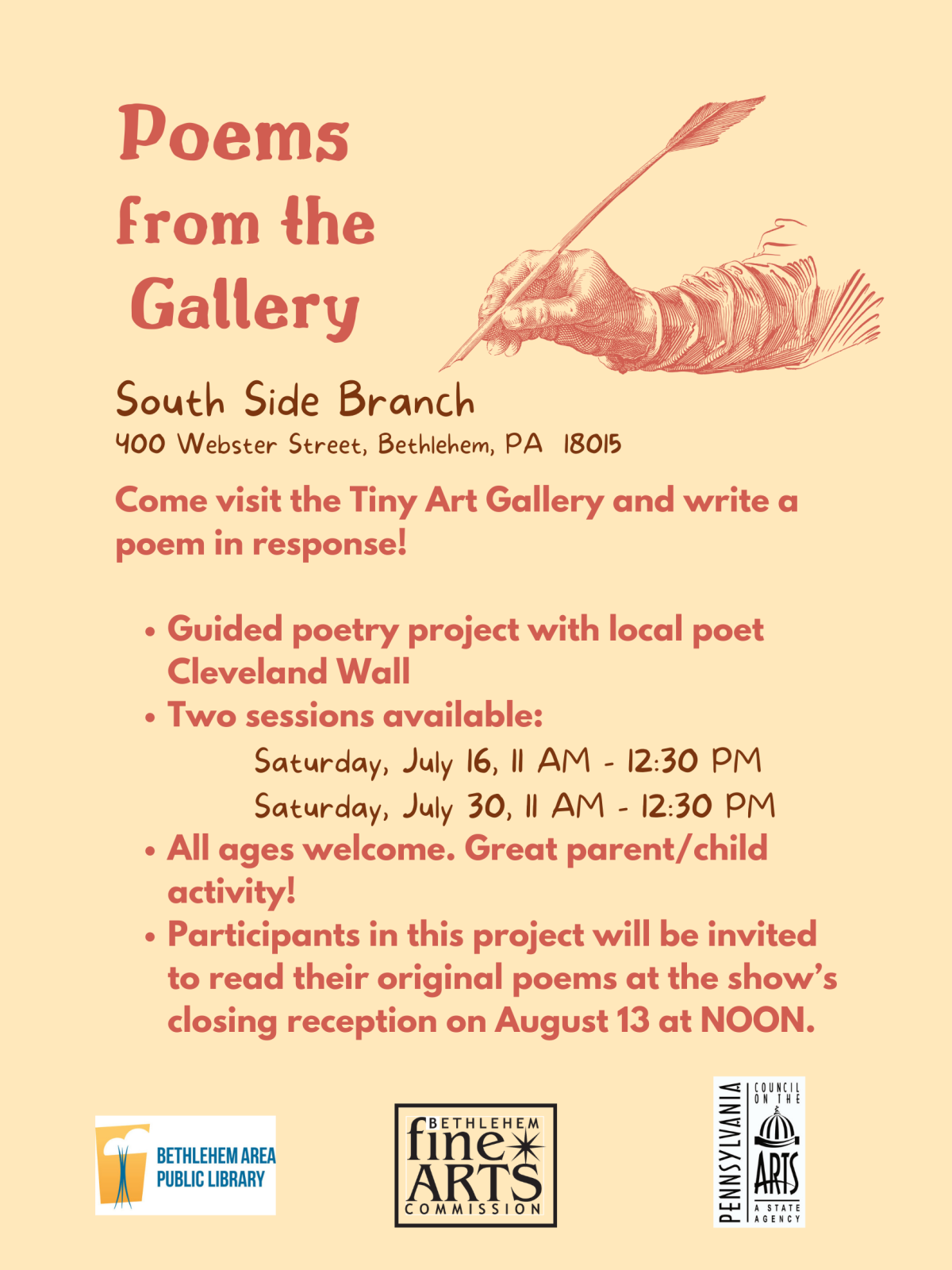 Come visit the Tiny Art Gallery and write a poem in response! Guided poetry project with local poet Cleveland Wall Two sessions available:             Saturday, July 16, 11 AM - 12:30 PM              Saturday, July 30, 11 AM - 12:30 PM  All ages welcome. Great parent/child activity! Participants in this project will be invited to read their original poems at the show’s closing reception on August 13 at NOON.