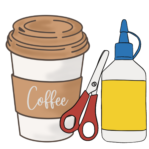 A coffee cup and scissors/glue bottle