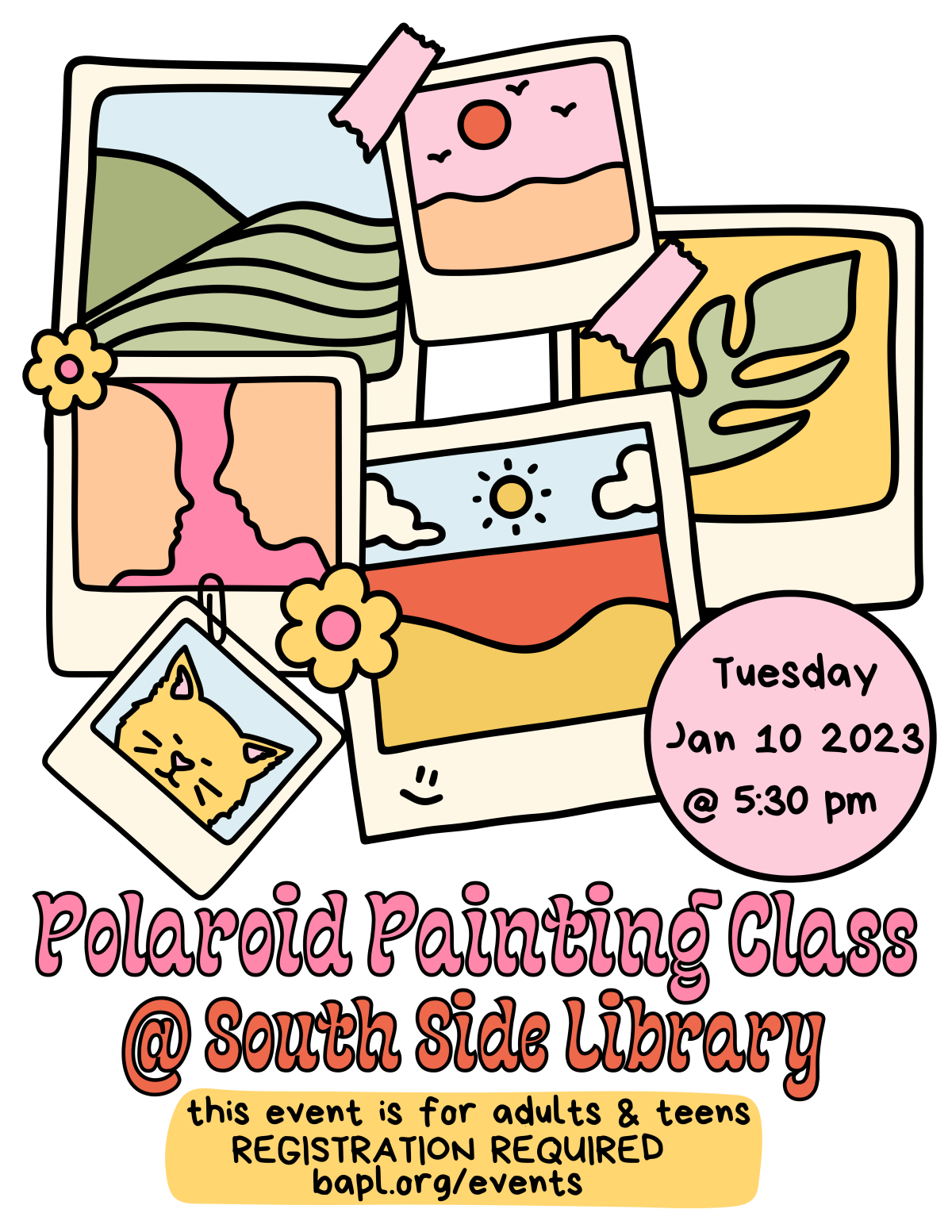 Polaroid Painting Class at South SIde Library on Jan 10th 2023 at 5:30. This event is for adults and teens. Registration is required.