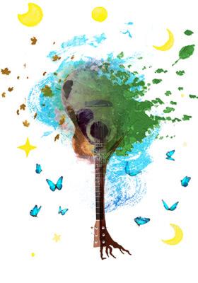 A tree superimposed over a guitar