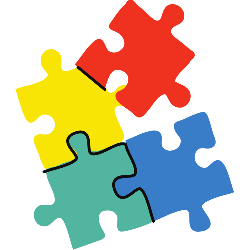 Puzzle pieces in red, yellow, green, and blue