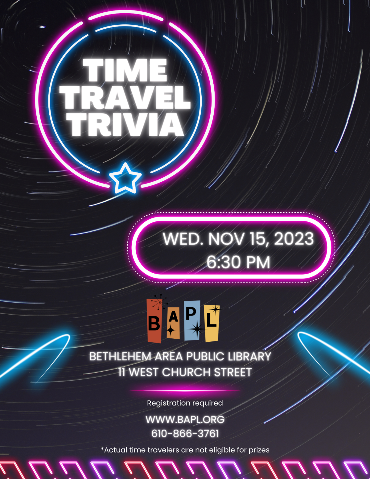 Black background with neon signs for Time Travel Trivia.