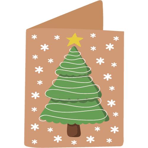 A brown holiday card with a decorated tree and snowflakes