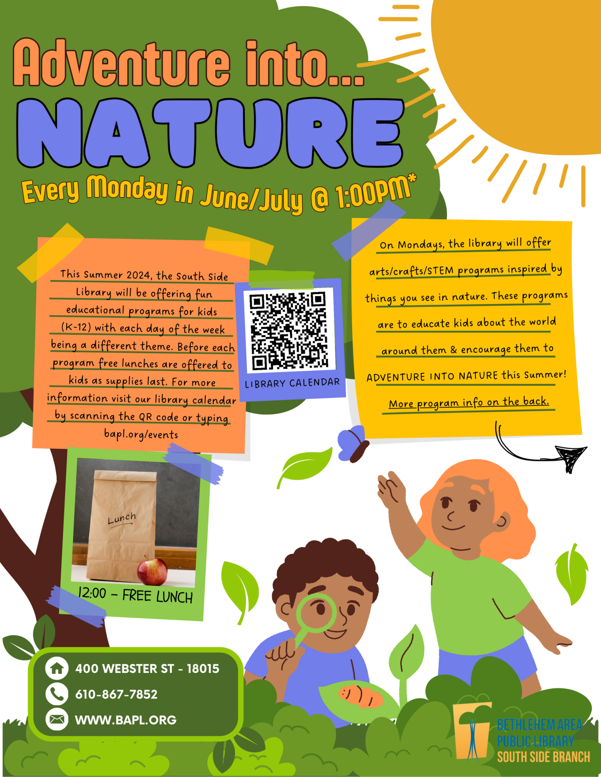  Adventure into Nature flier with kids playing in Nature and several sticky notes with Summer Reading Information