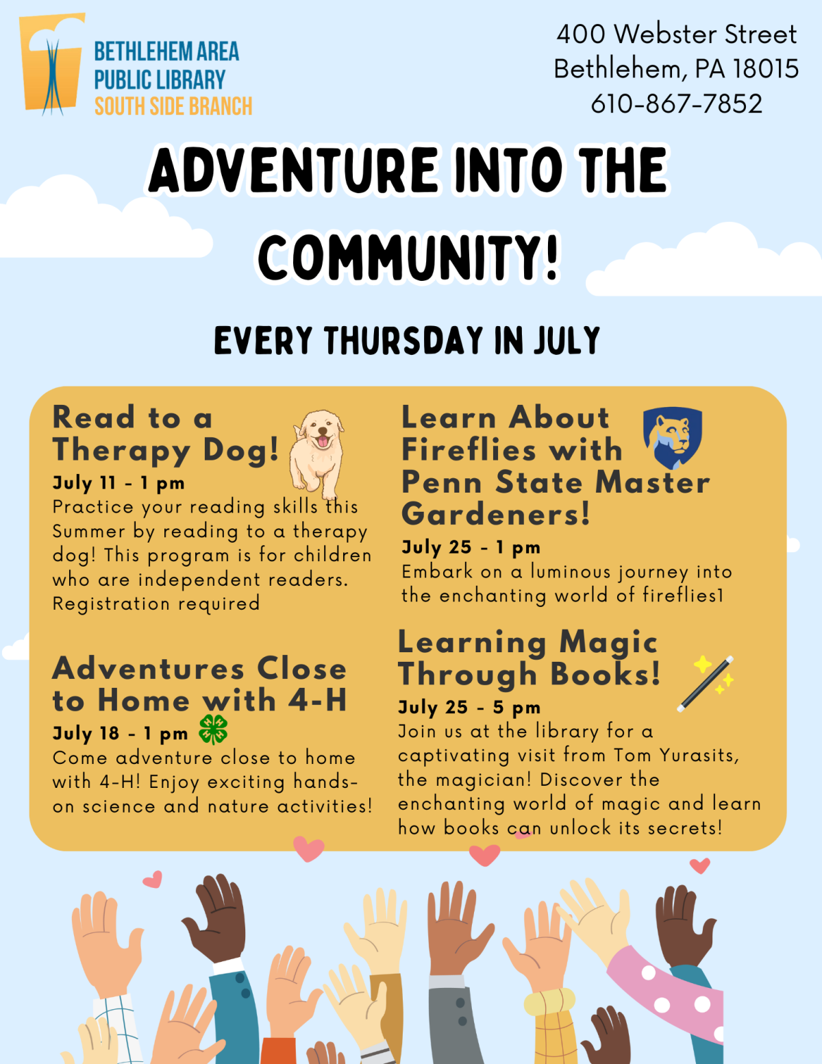 flyer states "Adventure into the Community, every Thursday in July"