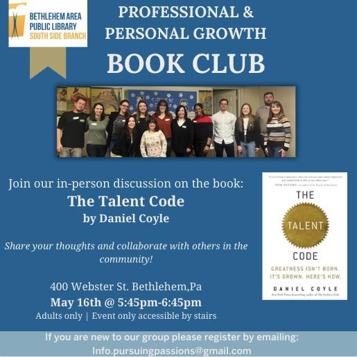 Blue background with a photo of the members of the book club with a photo of the book The Talent Code by Daniel Coyle