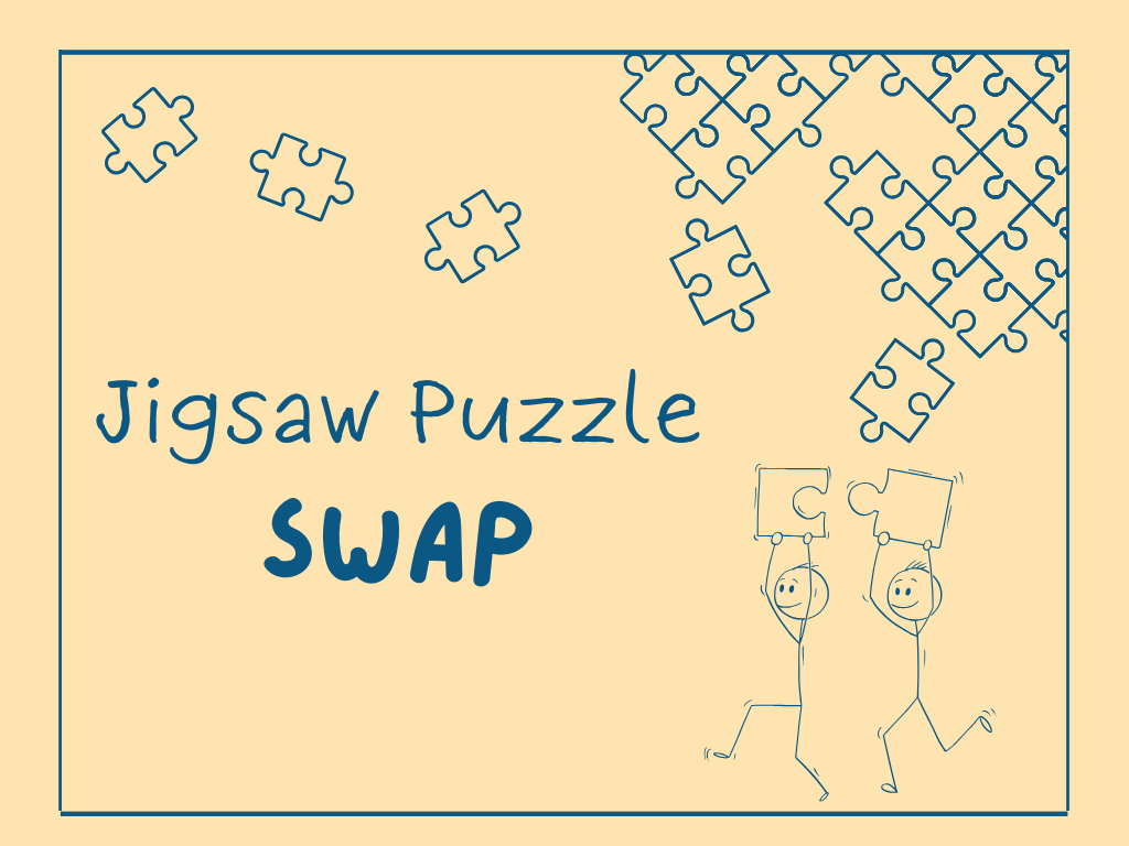 Jigsaw puzzle pieces are scattered over the image, two of them are carried by stick figures